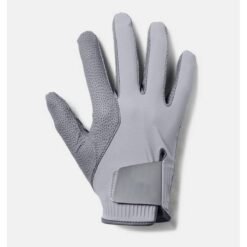Wholesale custom logo cabretta leather golf gloves for men showing breathable white leather material with embroidered logo placement on thumb