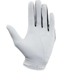 Customised anti-slip golf gloves with strong friction grip in white and black, featuring embroidered logo branding for golf competition performance