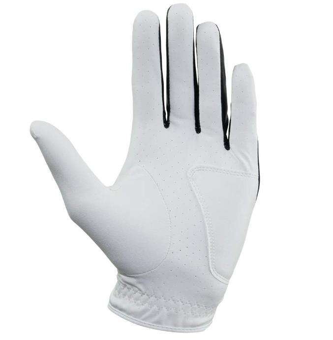 Customised anti-slip golf gloves with strong friction grip in white and black, featuring embroidered logo branding for golf competition performance