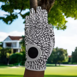 Premium genuine sheepskin leather left-hand cabretta golf gloves with custom digital print design for men's professional use