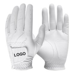 Private label Cabretta leather golf gloves in white with easy grip design for men and women