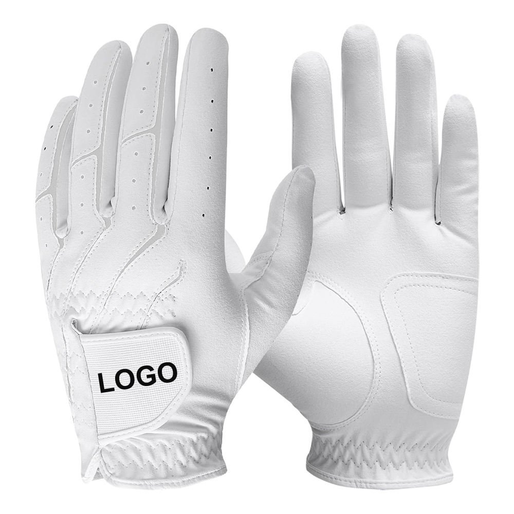 Private label Cabretta leather golf gloves in white with easy grip design for men and women
