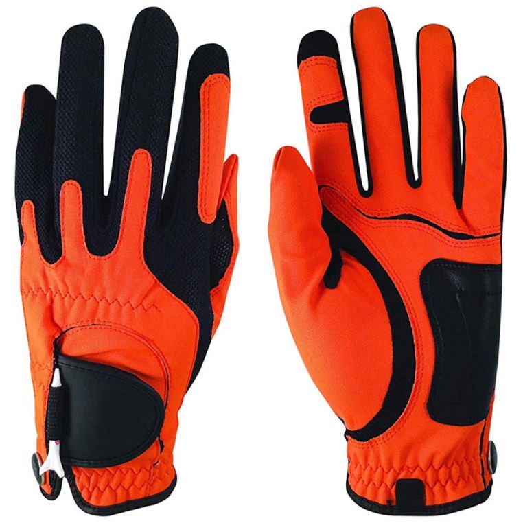 Wholesale men's sheepskin golf gloves with custom logo design in black and tan, breathable material for professional and recreational golfers