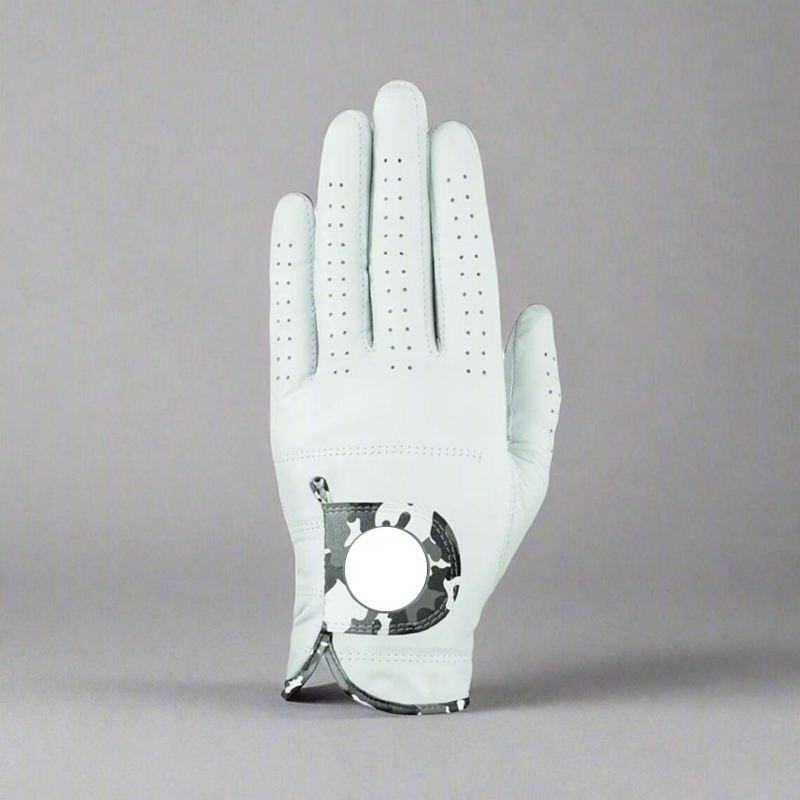 White premium sheepskin men's golf gloves with anti-slip grip and adjustable hook and loop wrist strap for wholesale custom branding