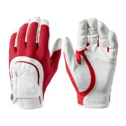 Red and white cabretta leather golf gloves with anti-slip grip and custom logo embroidery for wholesale bulk orders