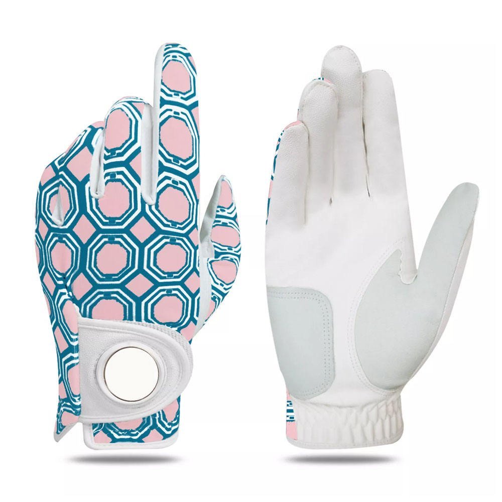 Women's premium leather golf glove with integrated ball marker in rain-resistant material, designed for left-hand golfers with custom logo placement